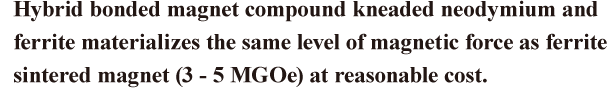 Hybrid bonded magnet compound kneaded neodymium and ferrite materializes the same level of magnetic force as ferrite sintered magnet (3 - 5 MGOe) at reasonable cost.