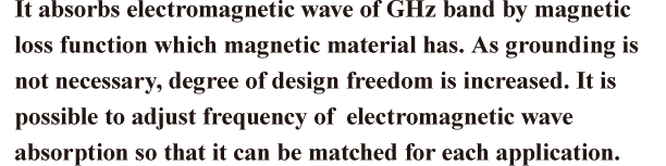 It absorbs electromagnetic wave of GHz band by magnetic loss function which magnetic material has. As grounding is not necessary, degree of design freedom is increased. It is possible to adjust frequency of electromagnetic wave absorption so that it can be matched for each application.